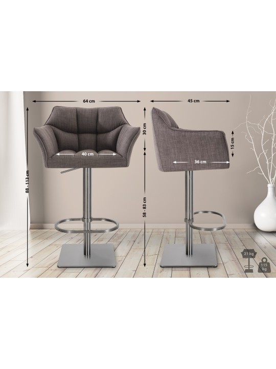 2 db bárszék készlet Damaso szövet rozsdamentes acél, szürke