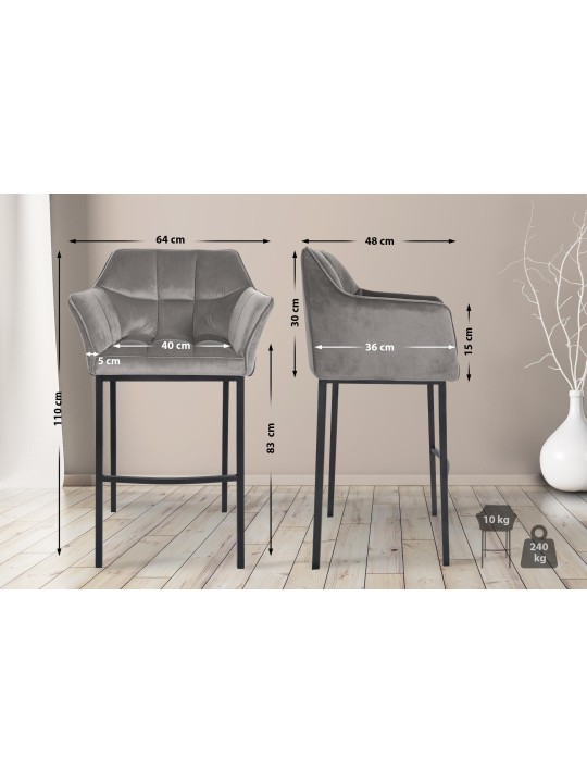 Damaso B bársony bárszék 4 méteres kerettel, szürke Damaso B bársony bárszék 4 méteres kerettel, szürke